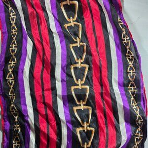 Vtg Echo Silk Scarf Stripes  Gold Buckle chain Design purple red white gold